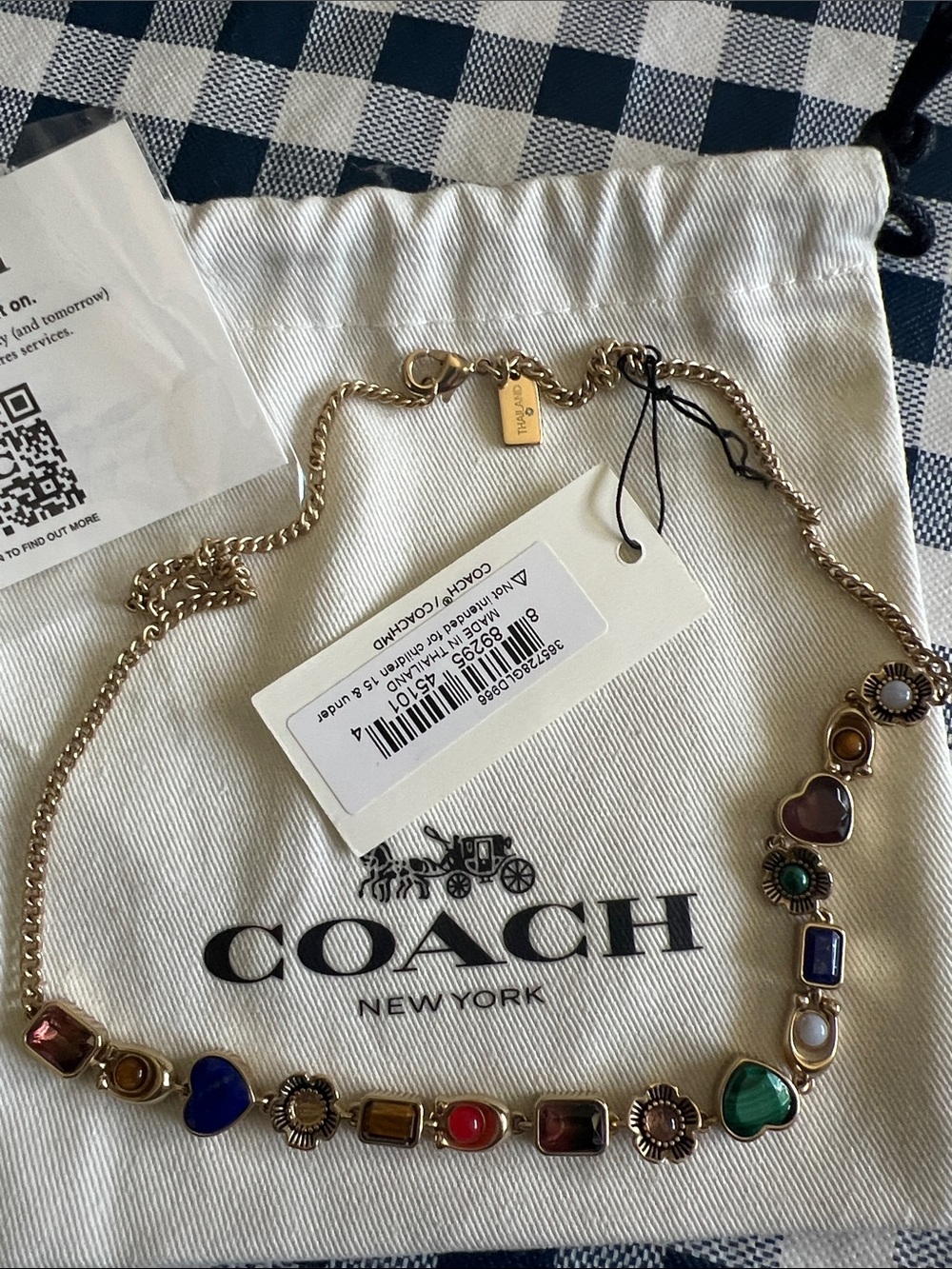 Coach Gold-Tone Necklace with Multicolor Gem and Heart Charms